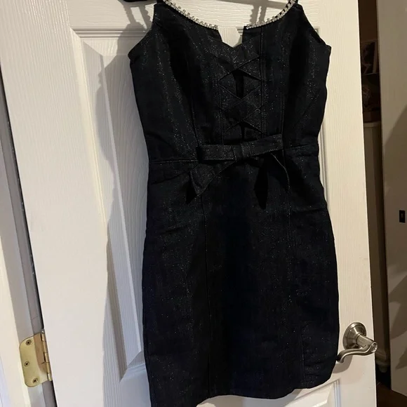 Bebe Dresses | Bow Detail Rhinestone Strap Glitter Denim Dress - Dark Glitter Wash | Color: Blue | Size: 10 | Rerun114'S Closet